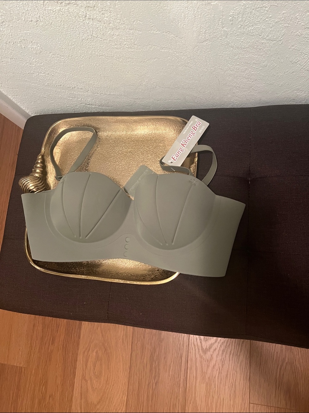 #2019: Strapless Olive Green Molded Cup Bra with Removable Straps